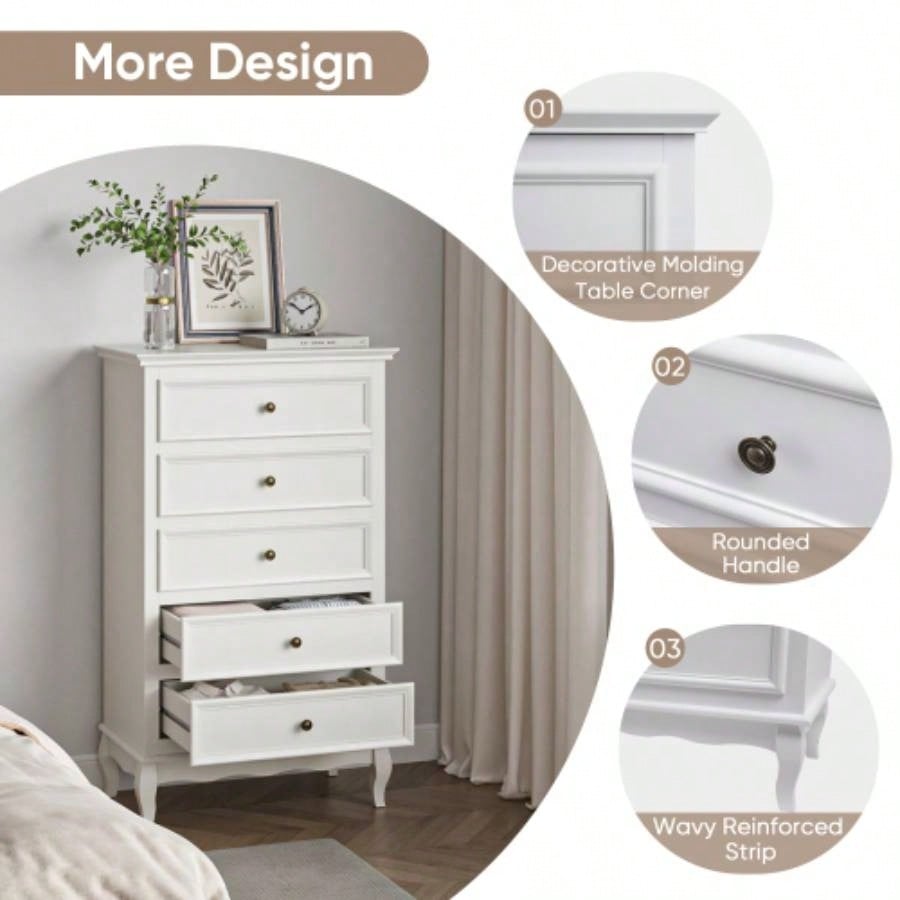 5 Drawer Dresser Bedroom, Modern Storage Closet Cabinet Organizerwith Solid Wood and Painted - White