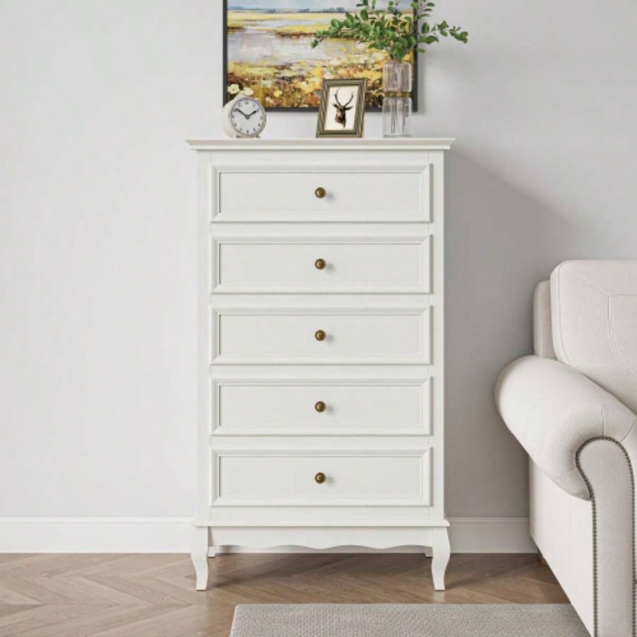 5 Drawer Dresser Bedroom, Modern Storage Closet Cabinet Organizerwith Solid Wood and Painted - White