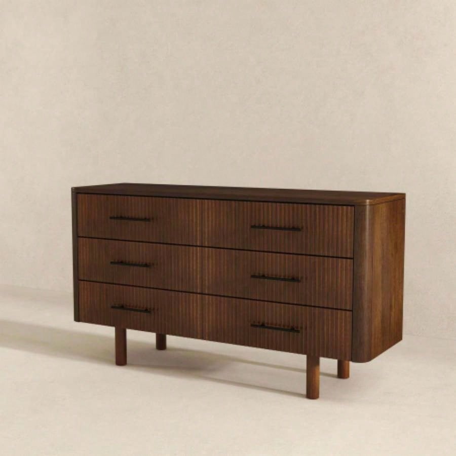 Logan Mid Modern Walnut Dresser with 6 Drawers Ample Storage in Solid Wood 33.1Hx 55.9x 17. D