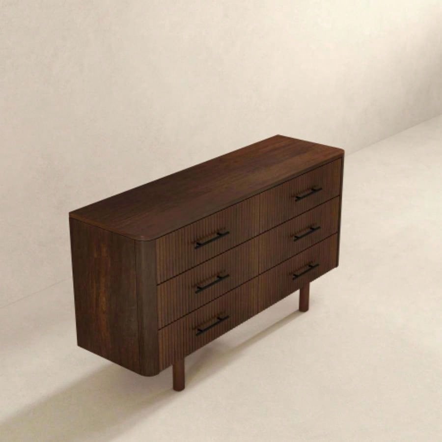 Logan Mid Modern Walnut Dresser with 6 Drawers Ample Storage in Solid Wood 33.1Hx 55.9x 17. D
