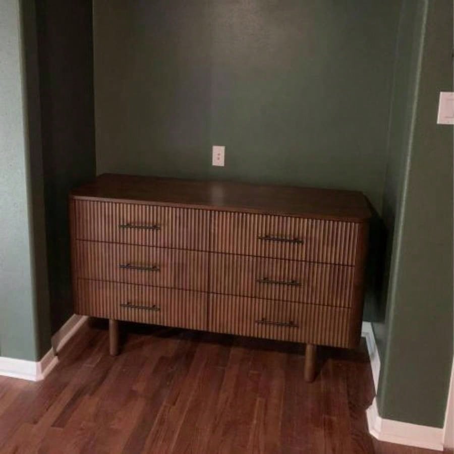 Logan Mid Modern Walnut Dresser with 6 Drawers Ample Storage in Solid Wood 33.1Hx 55.9x 17. D