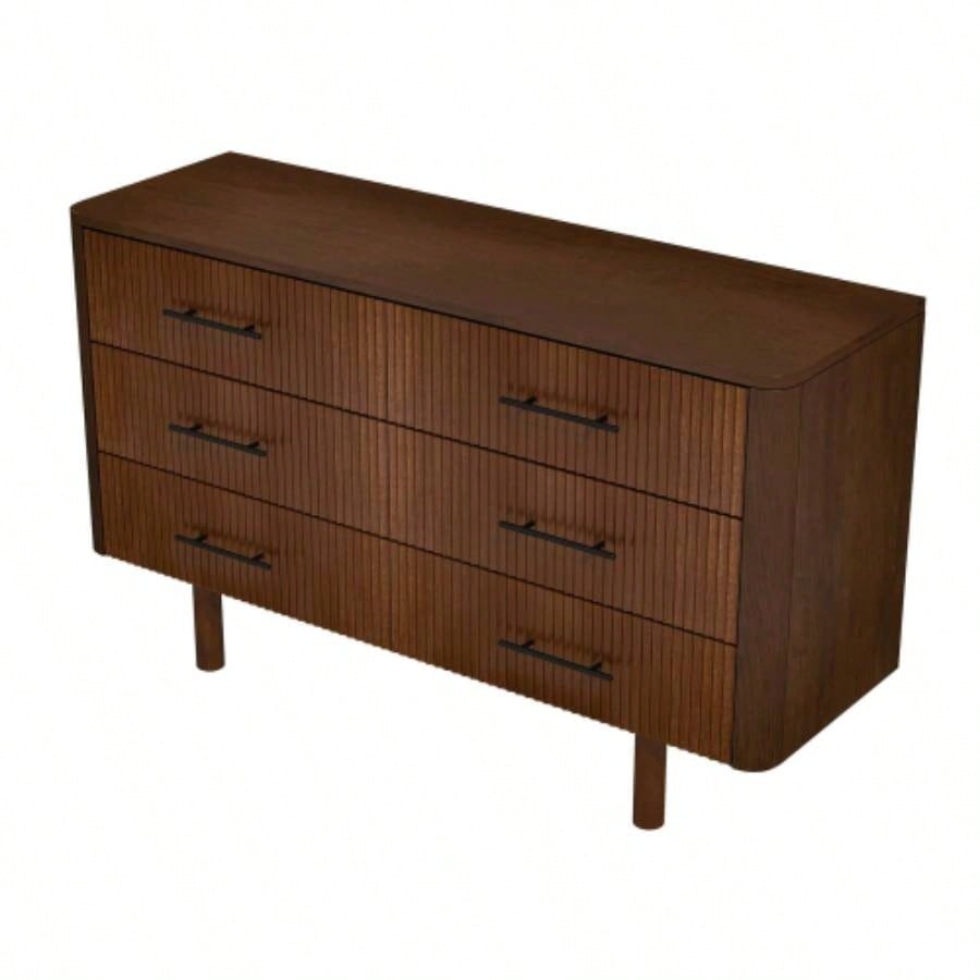 Logan Mid Modern Walnut Dresser with 6 Drawers Ample Storage in Solid Wood 33.1Hx 55.9x 17. D