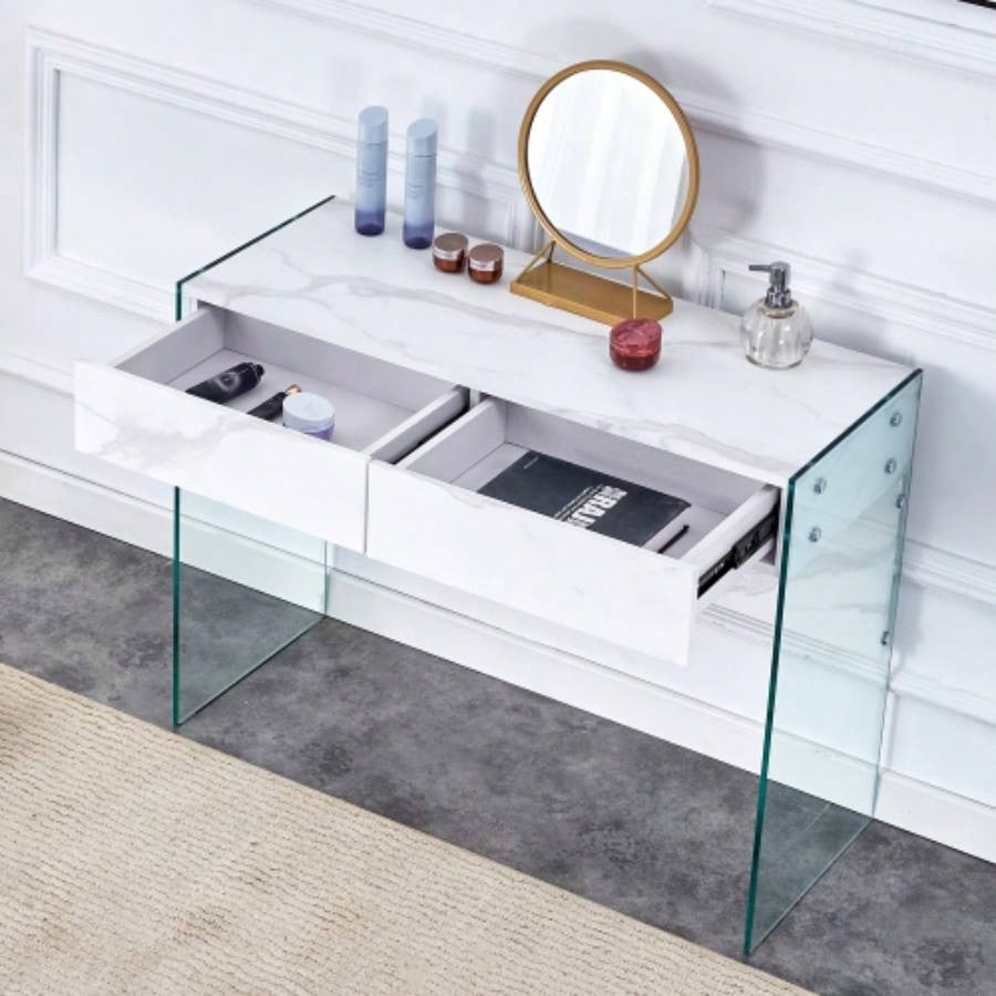 White MDF minimalist dresser, desk, desktop computer desk, with double drawer storage space, simple home, various styles of home environment. W1151P183696