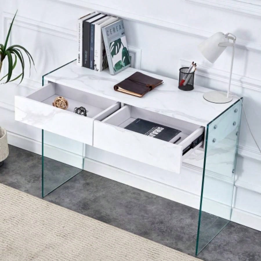 White MDF minimalist dresser, desk, desktop computer desk, with double drawer storage space, simple home, various styles of home environment. W1151P183696