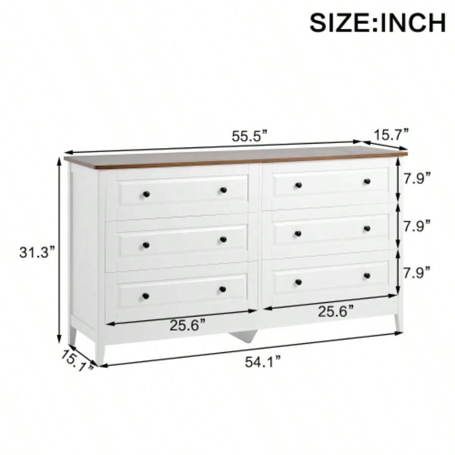 White Dresser Bedroom, 6 Drawer Dresser with Wide Drawer and Metal Handles, White Dresser, Wood Dressers Chests of Drawers Hallway, Entryway.
