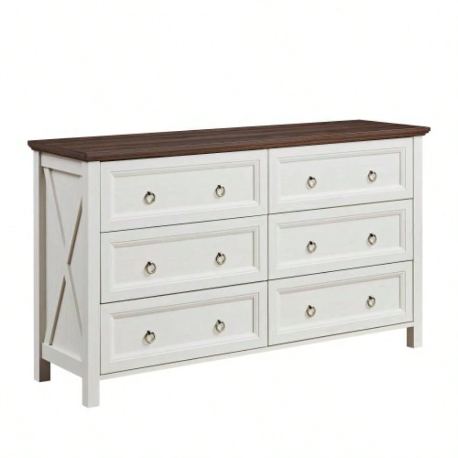 Farmhouse 6 Drawers Dresser Bedroom, Wood Rustic Wide Chest of Drawers, Storage Dressers Organizer Bedroom, Living Room, Hallway