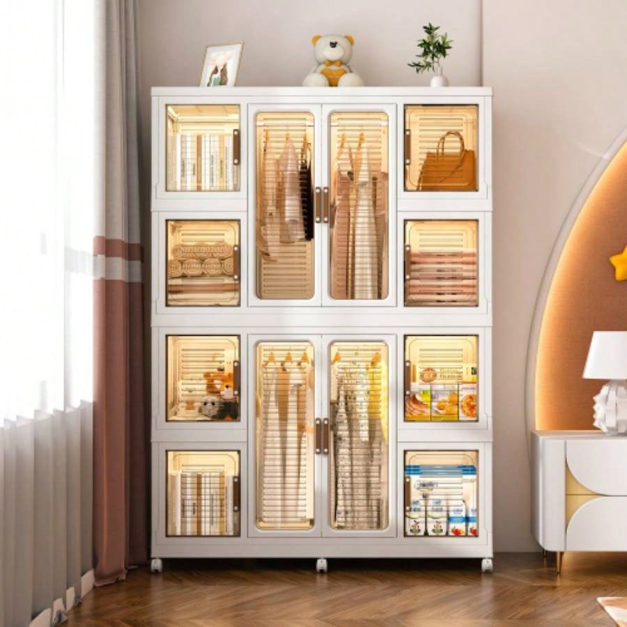 Portable Wardrobe Closet Storage Organizer Clothes, Clothes Dresser, 12 Magnetic Doors - 12 Cubes 2 Hanging Rod, 16 pcs hangers, Wardrobe Storage Cabinet, White