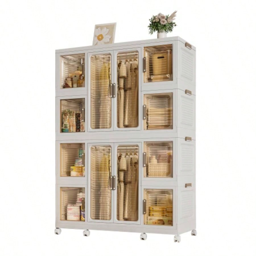 Portable Wardrobe Closet Storage Organizer Clothes, Clothes Dresser, 12 Magnetic Doors - 12 Cubes 2 Hanging Rod, 16 pcs hangers, Wardrobe Storage Cabinet, White