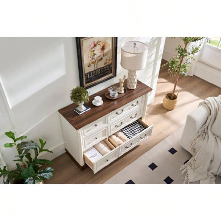 Farmhouse Style 6 Drawer Dresser Chest with Base Wooden Rustic Chest of Drawers, Storage Dresser Organizer Bedroom, Living Room, Beautiful Sturdy and Durable