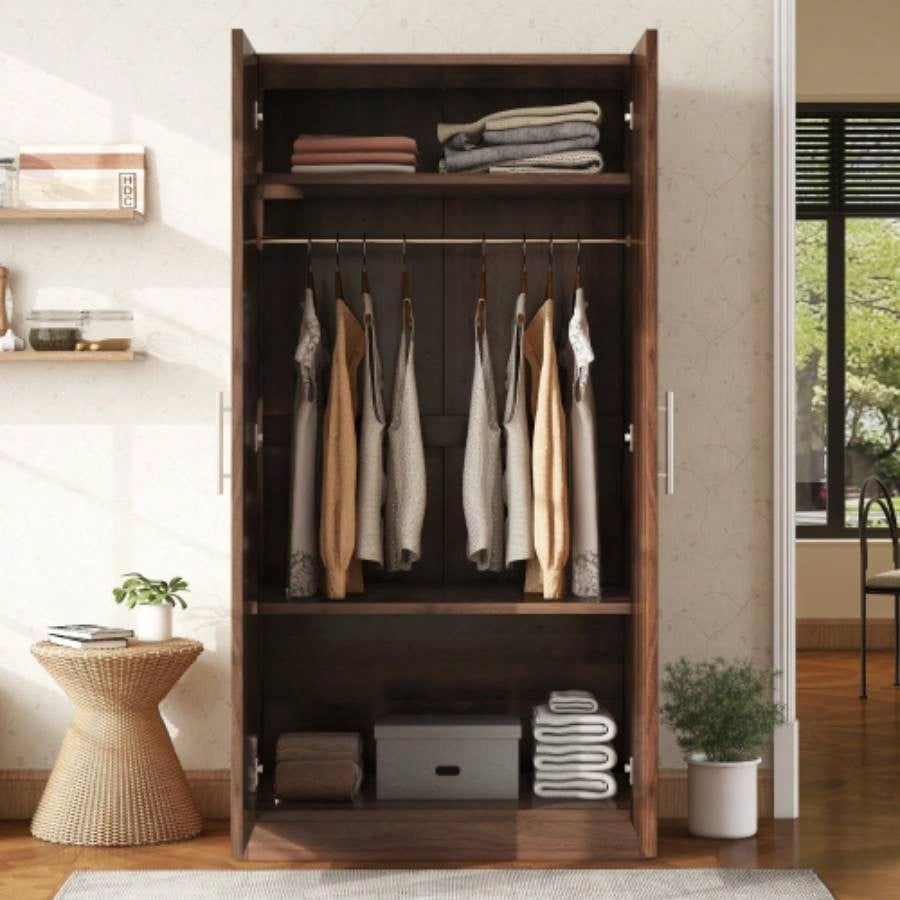 2 - Door Wooden Wardrobe Armoire with 3 Storage Shelves, Brown