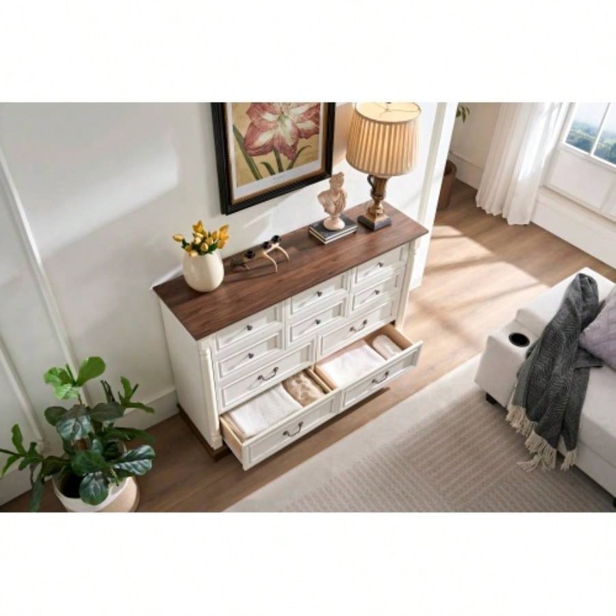 10 Drawer Dresser Chest Bedroom with Wooden Base and Riser Trim, Wooden Rustic Rustic Chest of Drawers, Storage Dresser Bedroom, Living Room