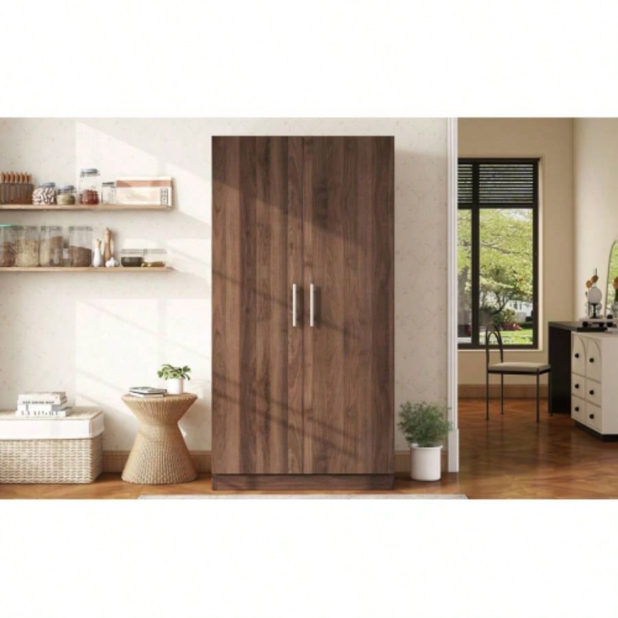 2 - Door Wooden Wardrobe Armoire with 3 Storage Shelves, Brown