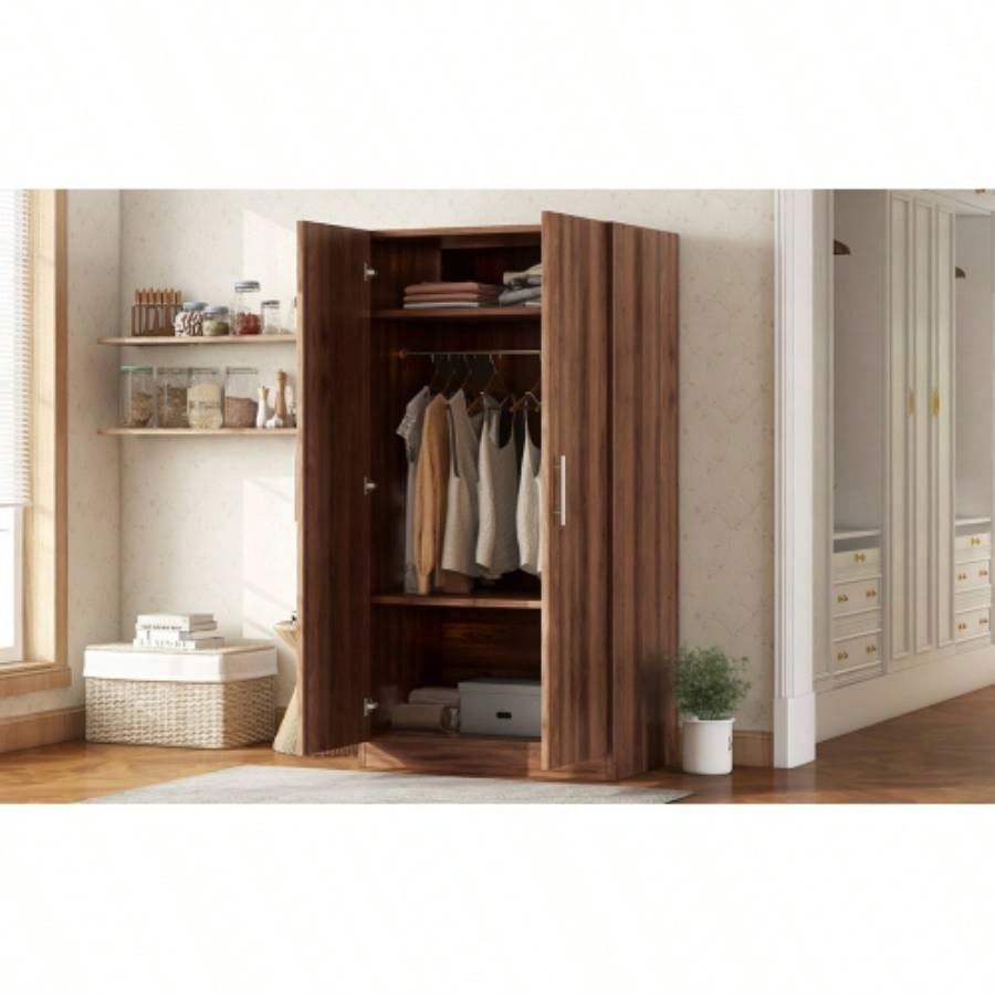 2 - Door Wooden Wardrobe Armoire with 3 Storage Shelves, Brown