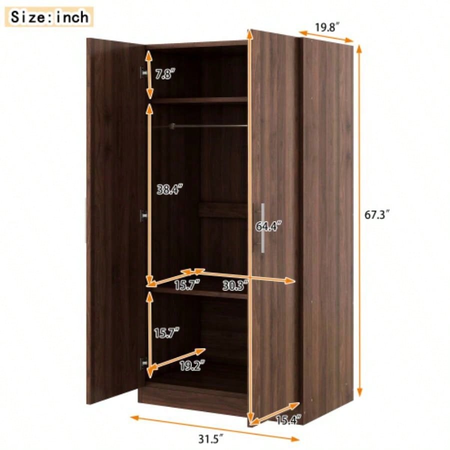 2 - Door Wooden Wardrobe Armoire with 3 Storage Shelves, Brown