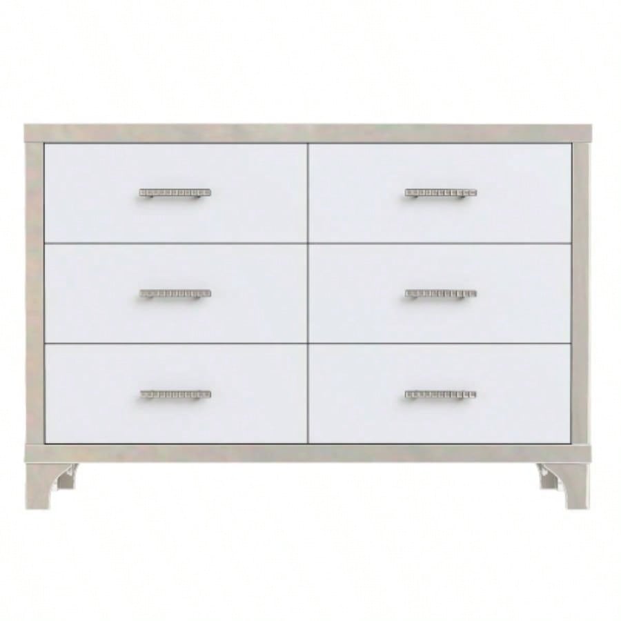 Elegant High Gloss Dresser with Metal Handle, Mirrored Storage Cabinet with 6 Drawers Bedroom, Living Room, White