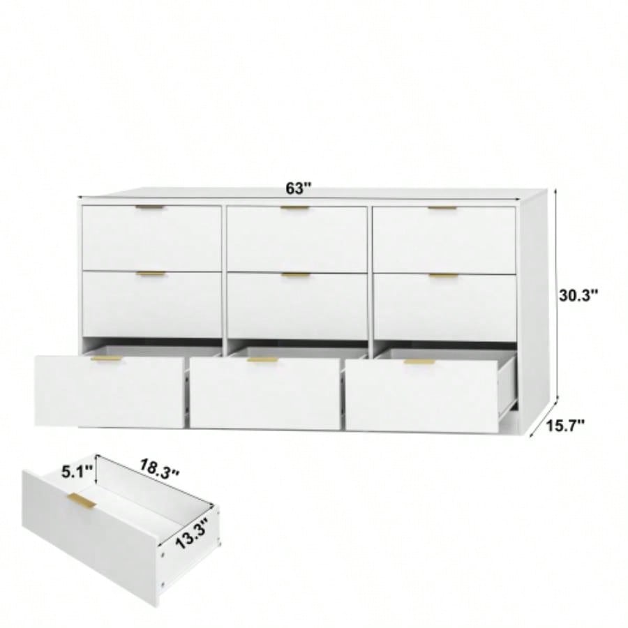 White 9 Drawer Dresser, 63 Large Deep Chest of Drawers, Wooden Dresser Storage Cabinet with 9 Drawers Bedroom, Long Dressers Living Room, Hallway