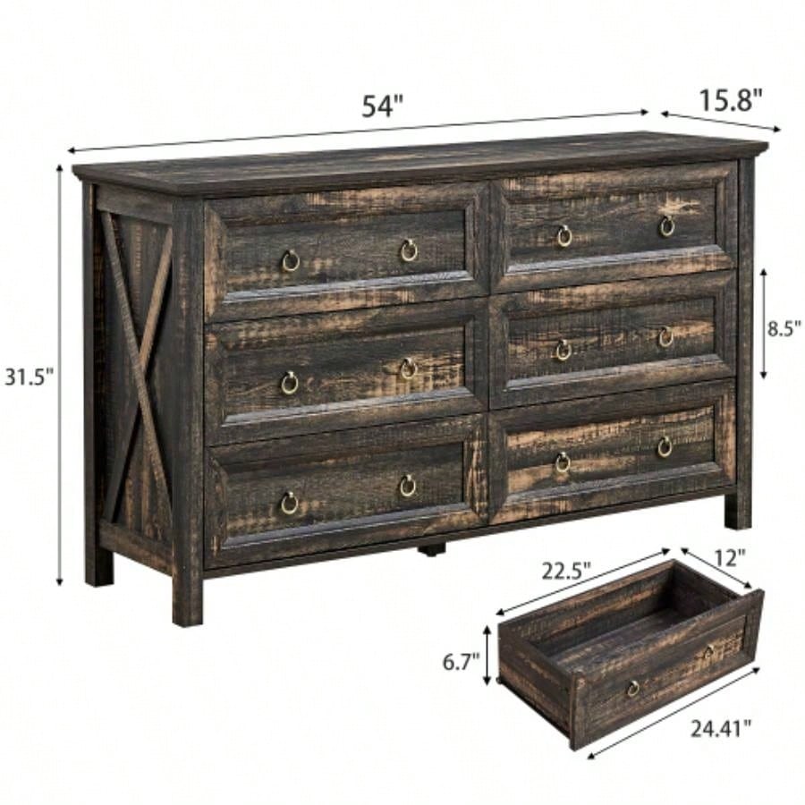 Farmhouse 6 Drawers Dresser Bedroom, Wood Rustic Wide Chest of Drawers, Storage Dressers Organizer Bedroom, Living Room, Hallway, Dark Rustic Oak
