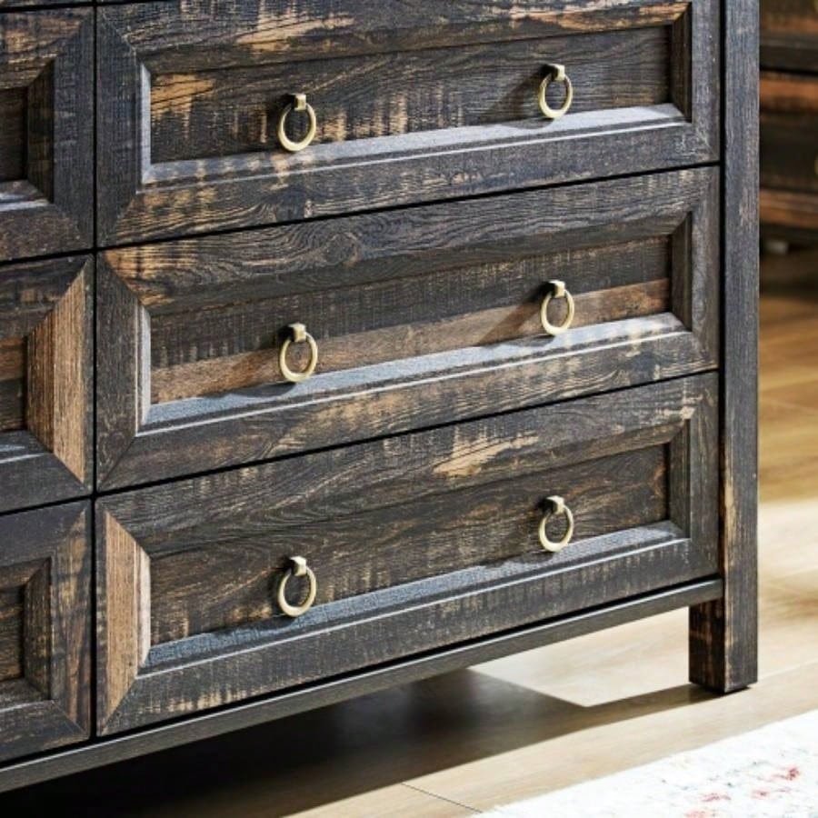 Farmhouse 6 Drawers Dresser Bedroom, Wood Rustic Wide Chest of Drawers, Storage Dressers Organizer Bedroom, Living Room, Hallway, Dark Rustic Oak