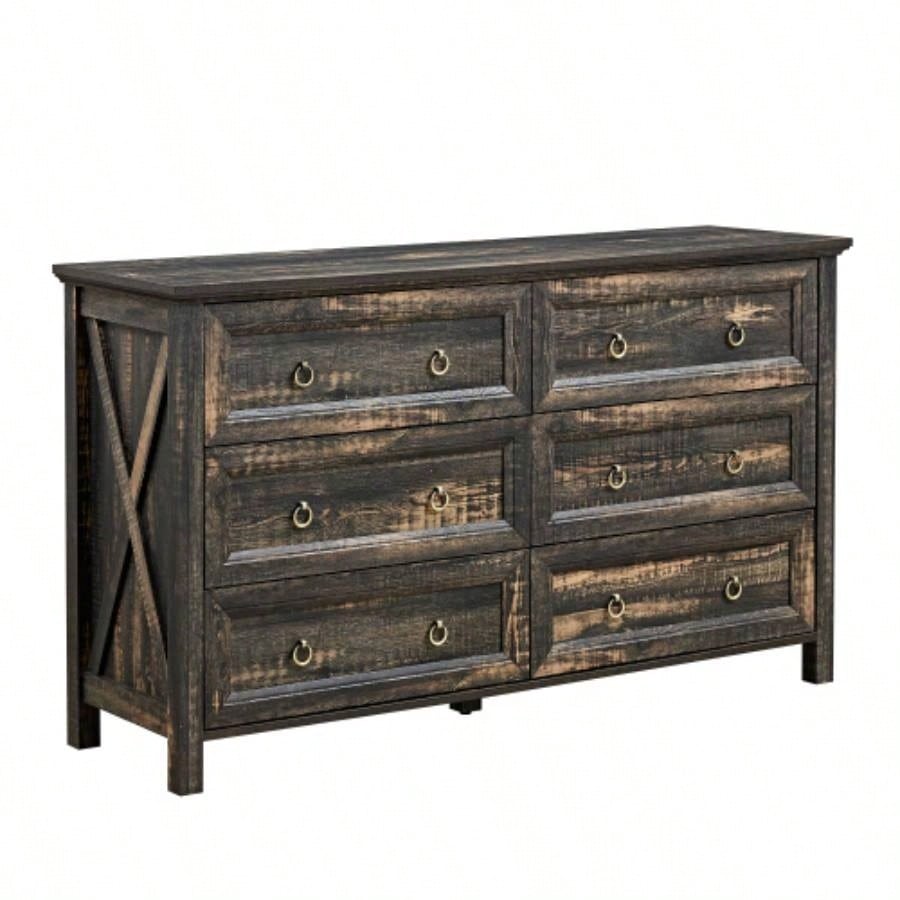 Farmhouse 6 Drawers Dresser Bedroom, Wood Rustic Wide Chest of Drawers, Storage Dressers Organizer Bedroom, Living Room, Hallway, Dark Rustic Oak