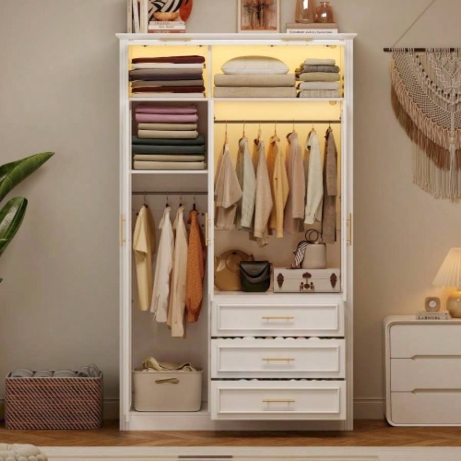 3 Door Wardrobe Armoire Closet with LED and 3 Drawers, White