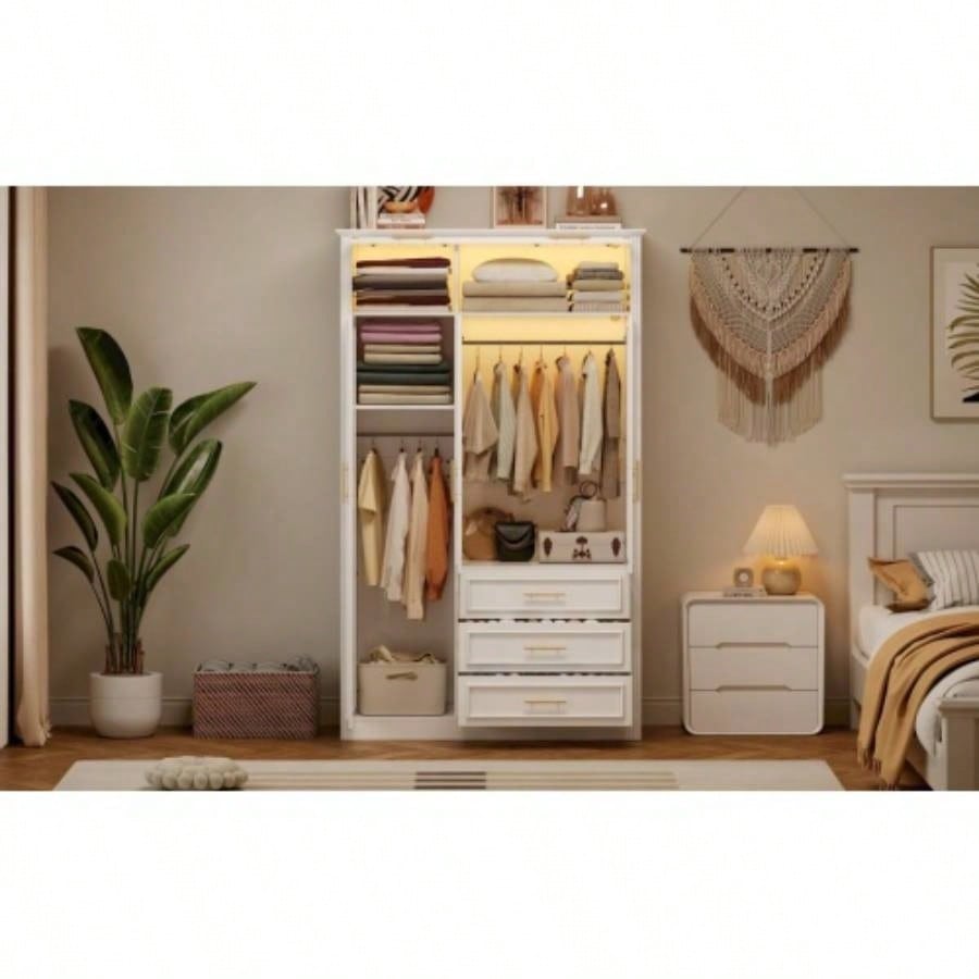 3 Door Wardrobe Armoire Closet with LED and 3 Drawers, White