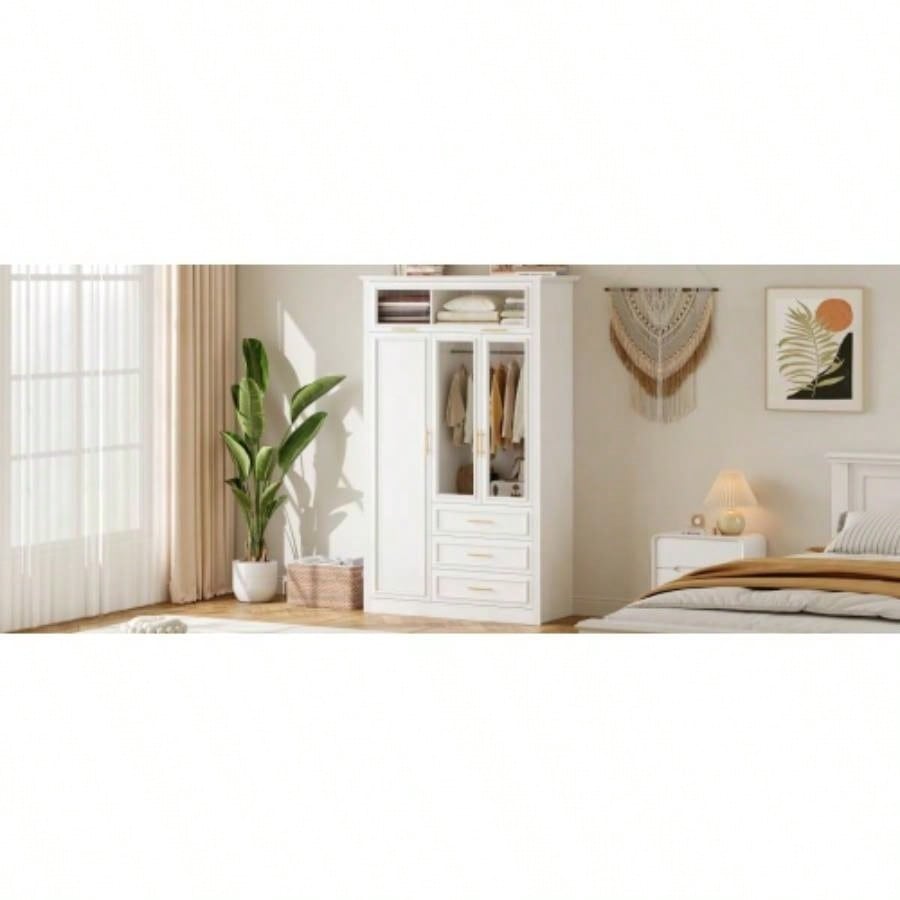 3 Door Wardrobe Armoire Closet with LED and 3 Drawers, White