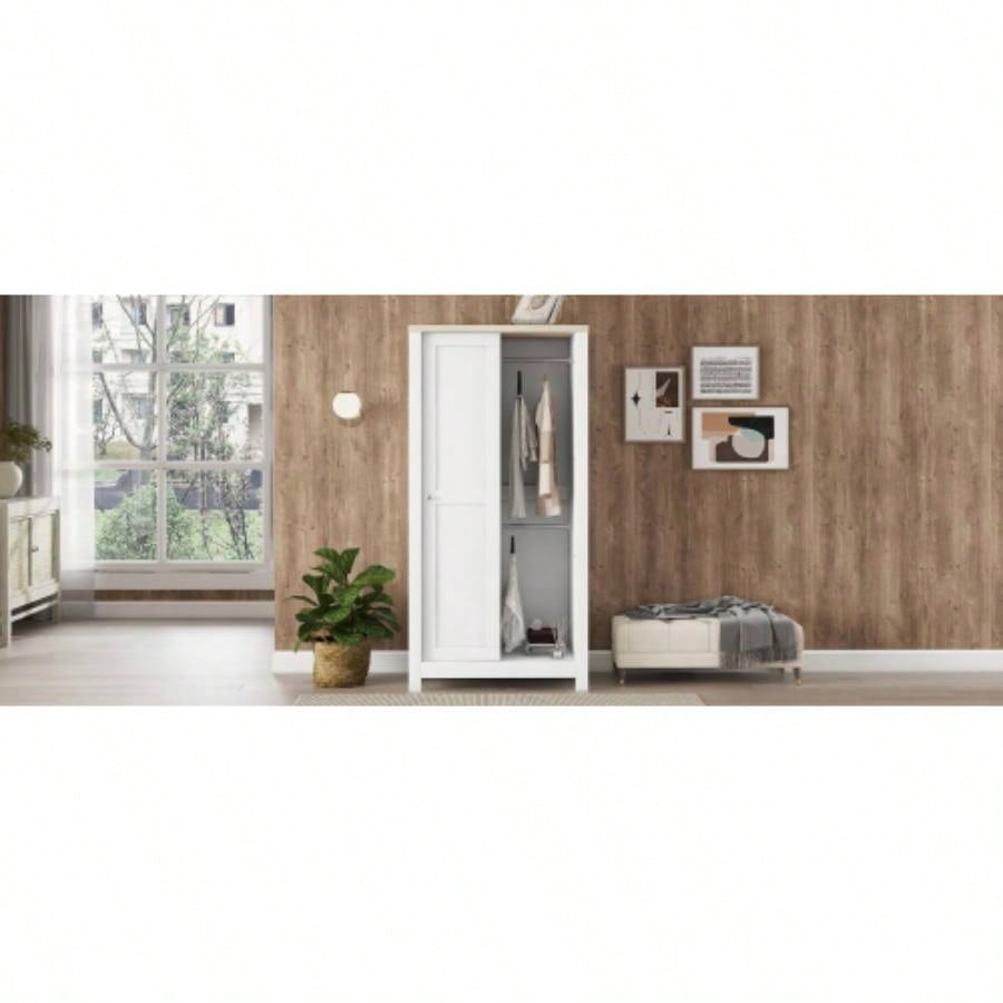 Bedroom Storage Wardrobe with Hanging Rods and 2 Drawers and Open Shelves, Sliding Door, White