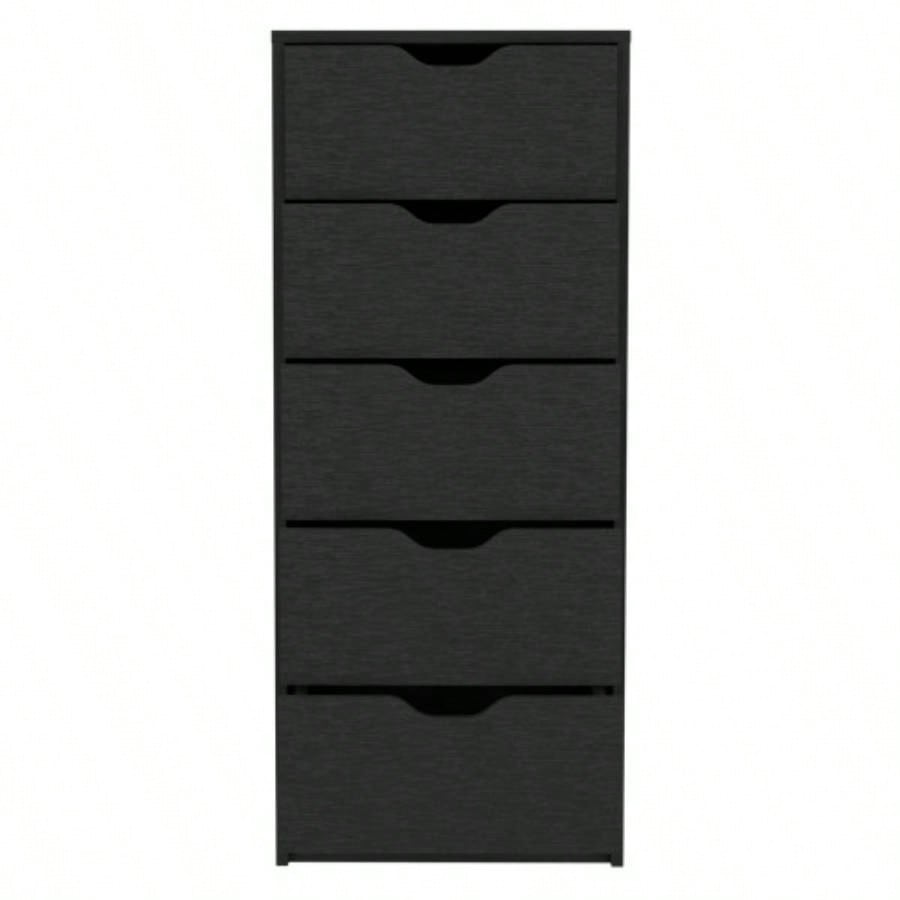Dresser 42H, 5 Drawers, Slim Storage Chest of Drawers, Black