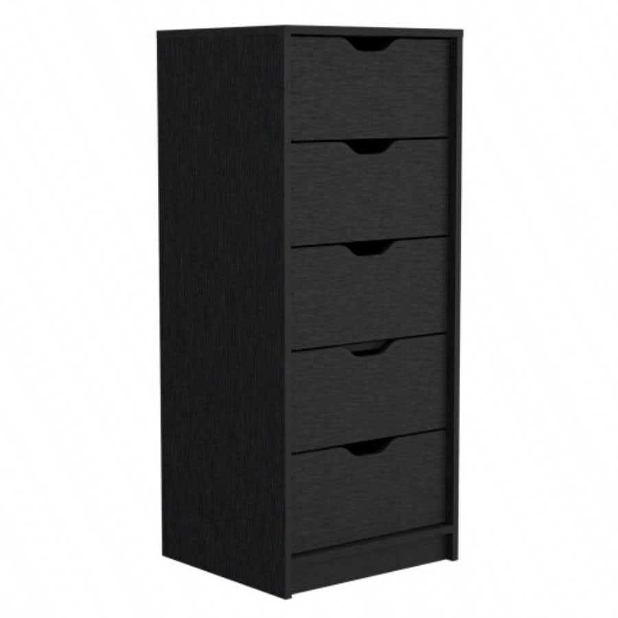 Dresser 42H, 5 Drawers, Slim Storage Chest of Drawers, Black