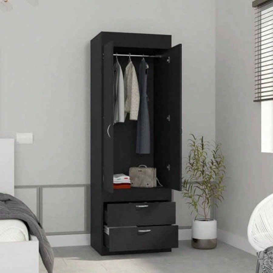 Armoire 70H, Double Door Cabinet, Two Drawers, Metal Handles, Rod, Black