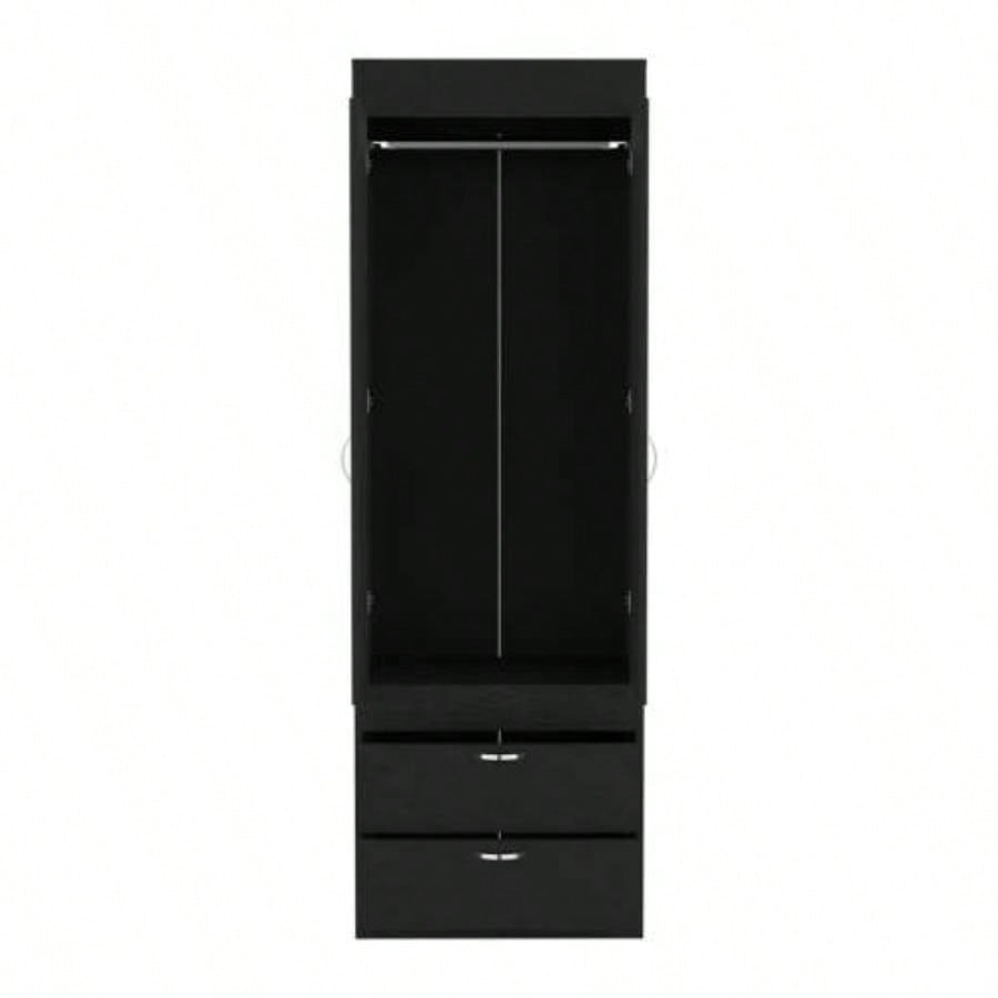 Armoire 70H, Double Door Cabinet, Two Drawers, Metal Handles, Rod, Black
