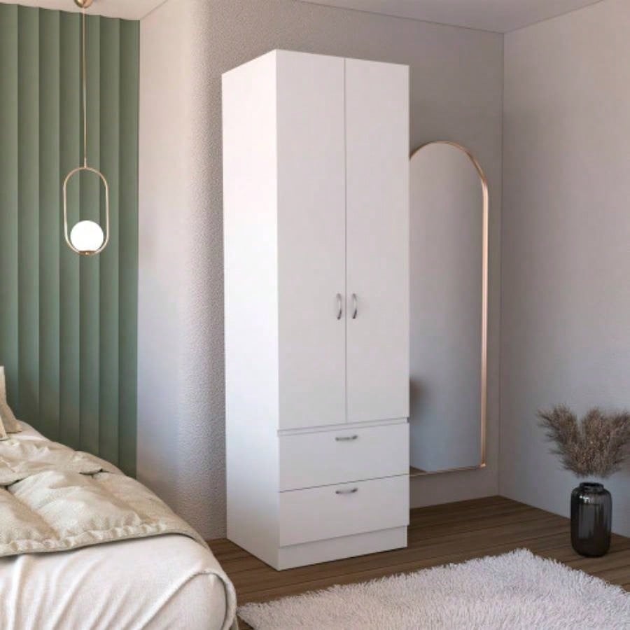 Armoire Wardrove 76 H, Hanging Rod, 2 Drawers, 1 Shelf, White