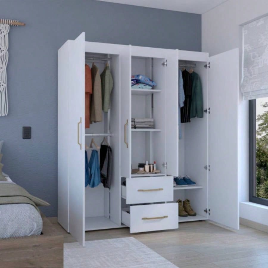 Wardrobe, Deluxe Armoire with Multiple Storage Options and Metal Accents, White