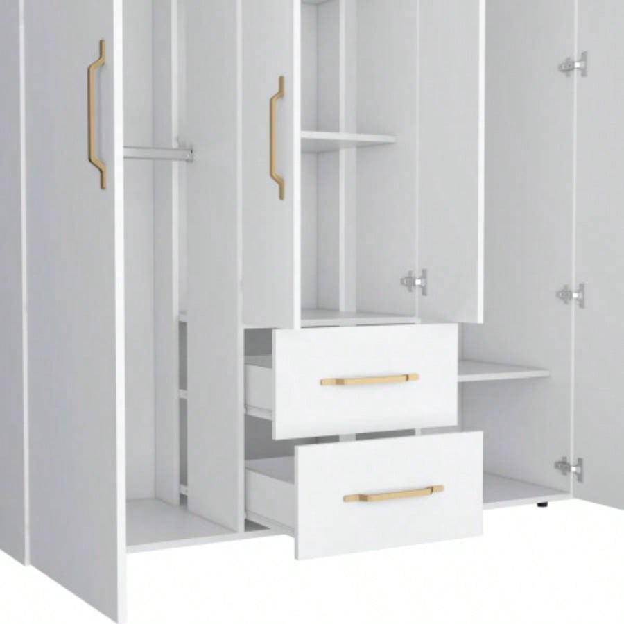 Wardrobe, Deluxe Armoire with Multiple Storage Options and Metal Accents, White