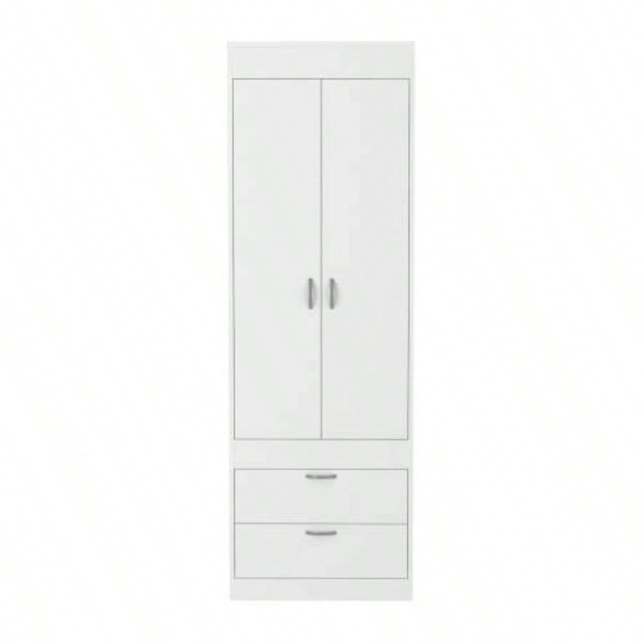 Armoire 70H, Double Door Cabinet, Two Drawers, Metal Handles, Rod, White