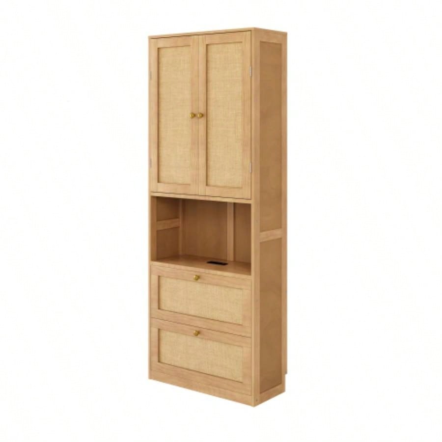 2 Doors Bookshelf with USB Port and 3 Drawers Side Cabinet Storage Shelves, Natural