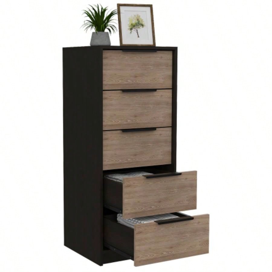 Dresser 42H, 5 Drawer, Vertical Dresser, Black/ Light Oak