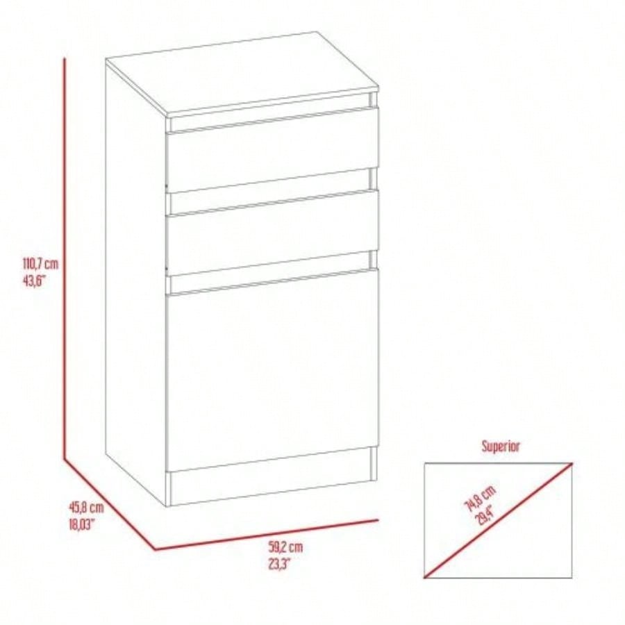Dresser 43H, Jewelry Box, Mirror, Single Door Cabinet, Two Drawers, White