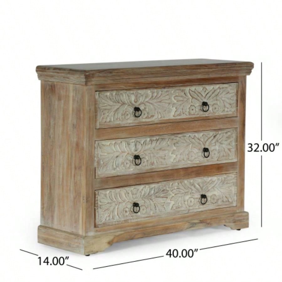 Acacia Wood 3 Drawer Dresser, 40 Inches Wide Accent Storage Cabinet