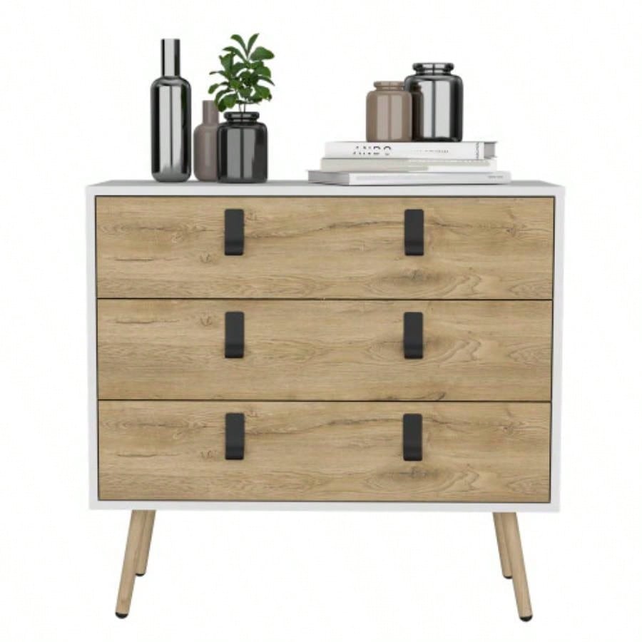 Dresser 29H, 3 Drawers Dresser with Handles and Wooden, White/ Macadamia