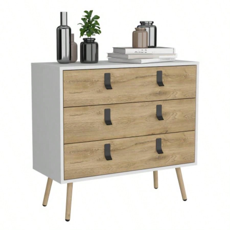 Dresser 29H, 3 Drawers Dresser with Handles and Wooden, White/ Macadamia