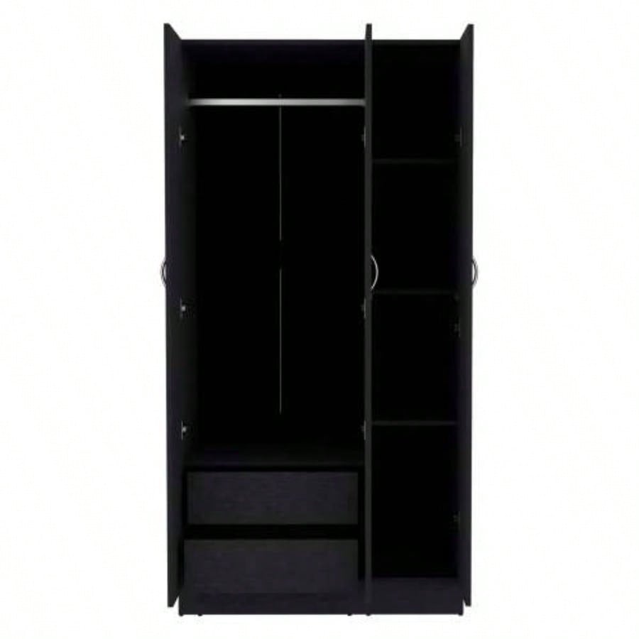 Wardrobe Armoire 71H with 3 - Doors and 2 - Inner Drawers, 3 Doors, Black