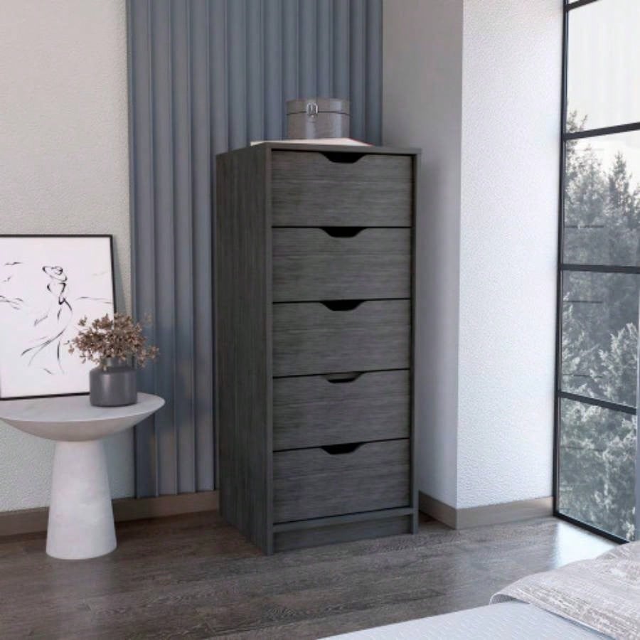 Dresser 42H 5 Drawers Narrow Dresser, Slim Storage Chest of Drawers, Bedroom, Smokey Oak