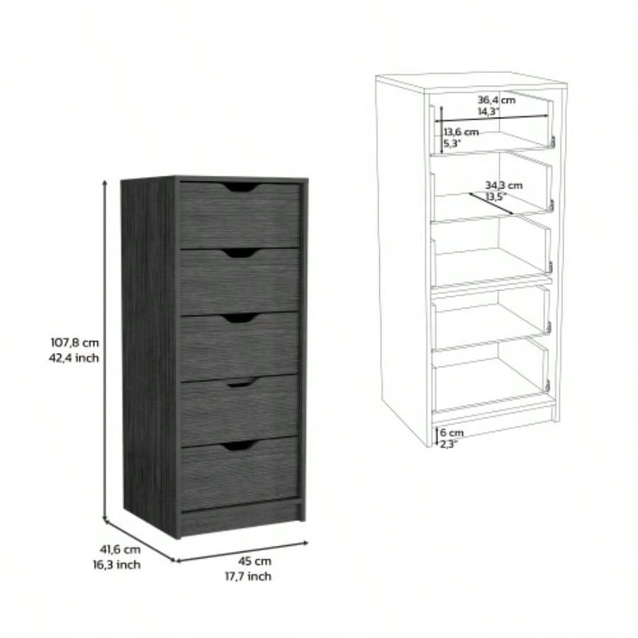 Dresser 42H 5 Drawers Narrow Dresser, Slim Storage Chest of Drawers, Bedroom, Smokey Oak