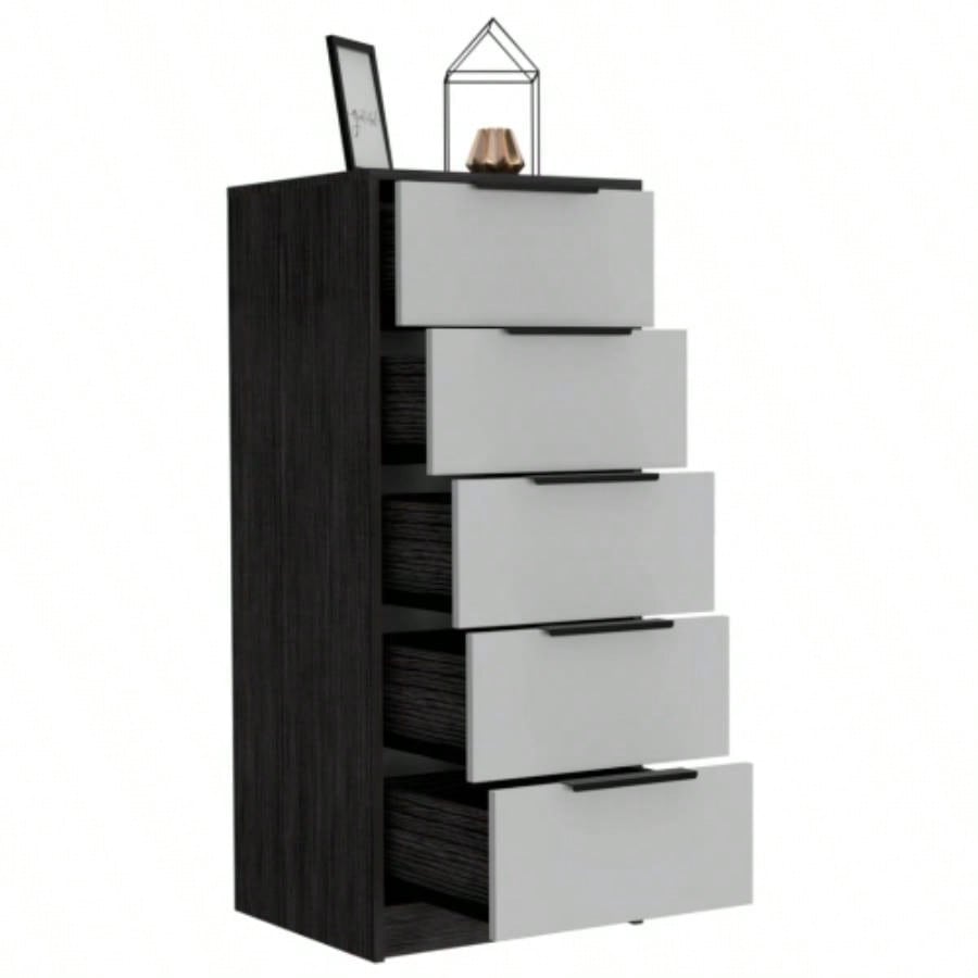 Dresser 42H, 5 Drawer, Vertical Dresser, White/ Smokey Oak