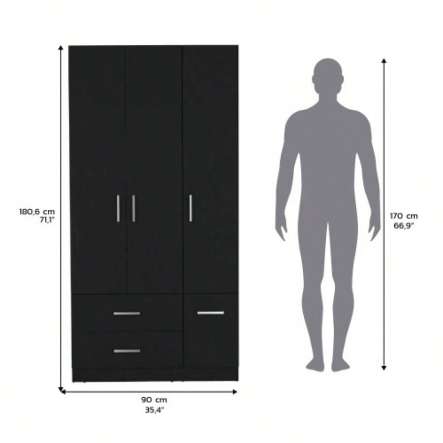 Armoire Wardrove 71, 4 Doors, Hanging Rod, 3 Cabinets, 6 Shelves, Black