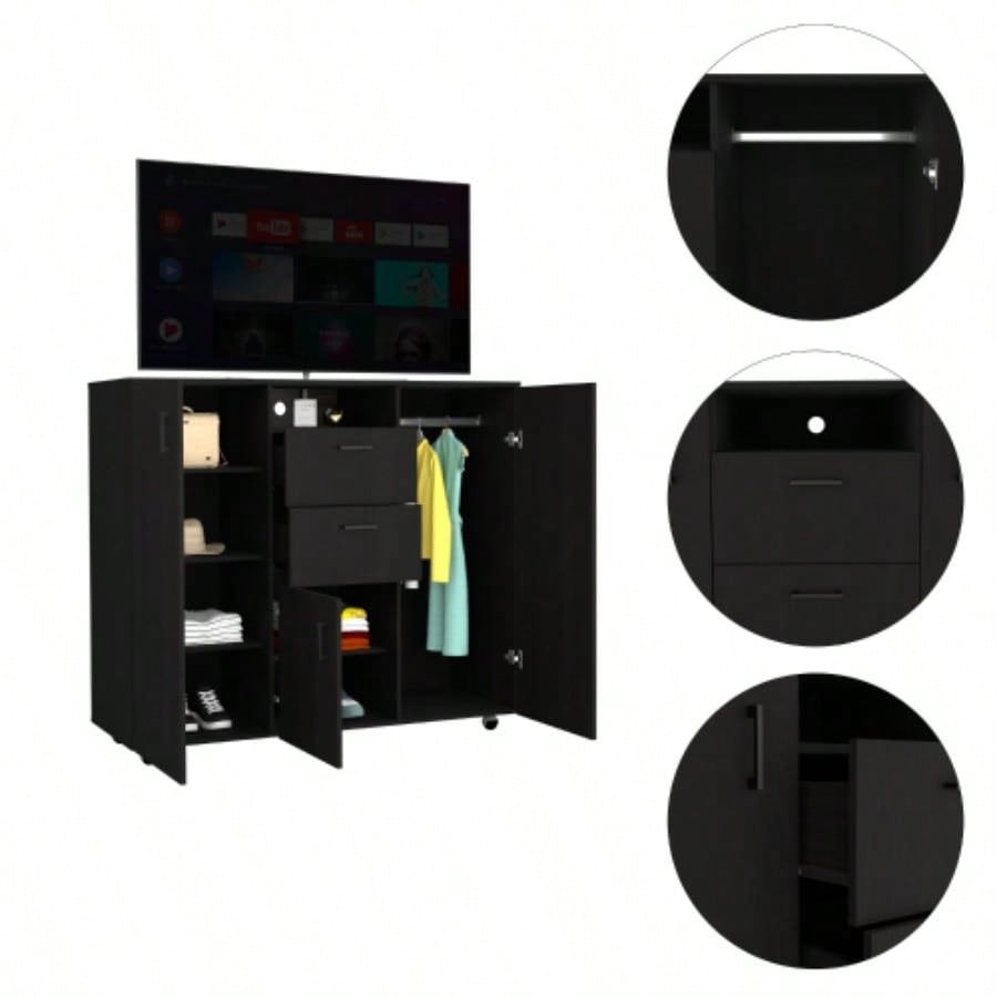 Cabinet Dresser 48H, Two Drawers, 3 Door, Four Interior Shelves, Rod, Black