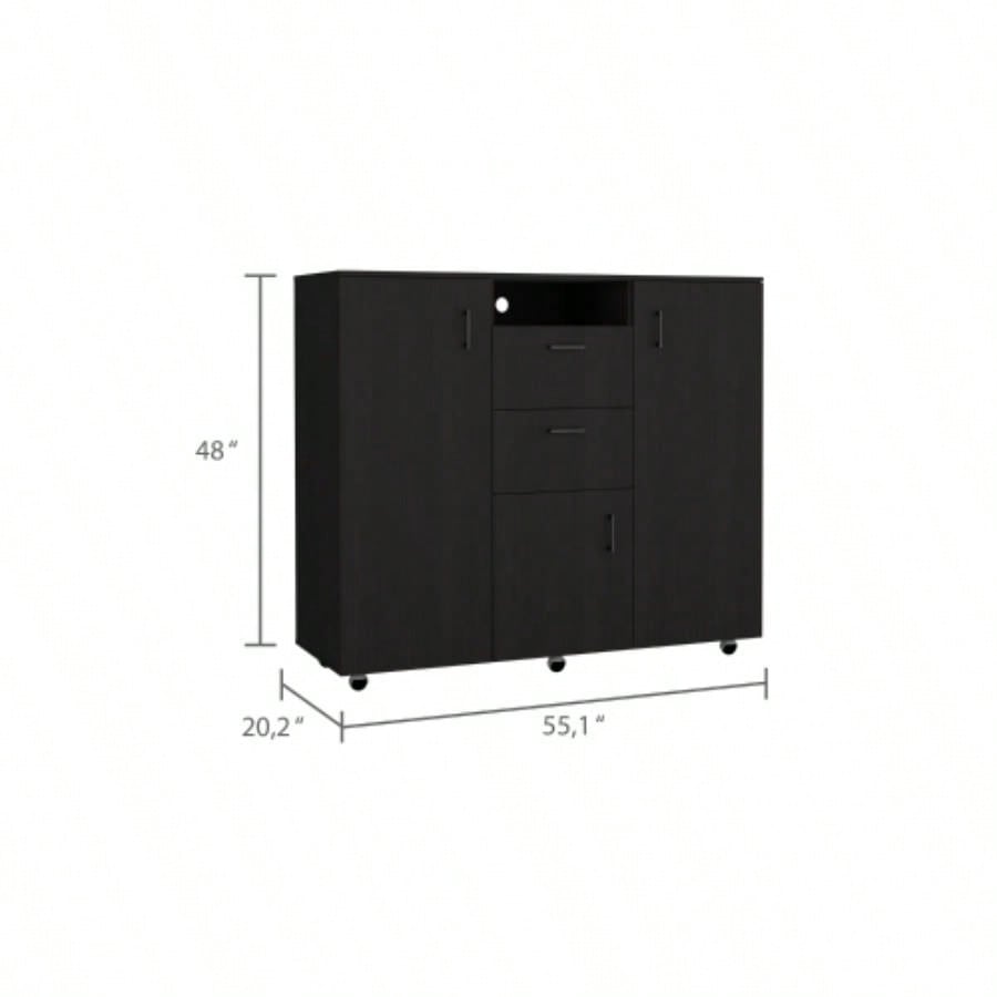 Cabinet Dresser 48H, Two Drawers, 3 Door, Four Interior Shelves, Rod, Black