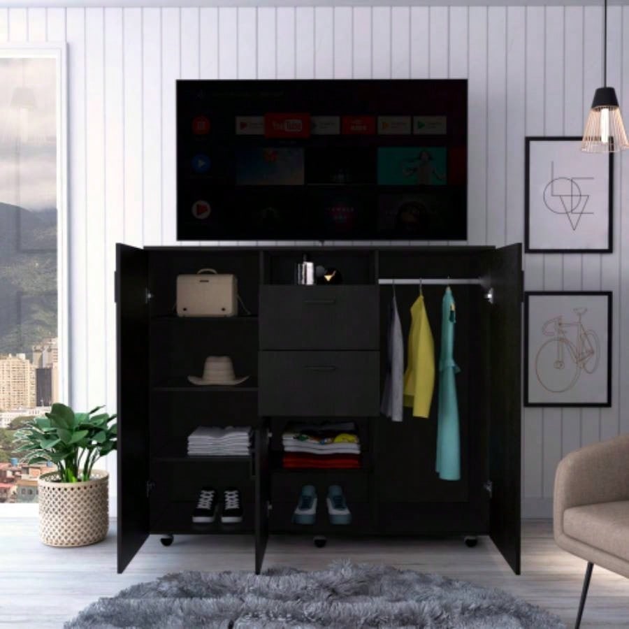 Cabinet Dresser 48H, Two Drawers, 3 Door, Four Interior Shelves, Rod, Black