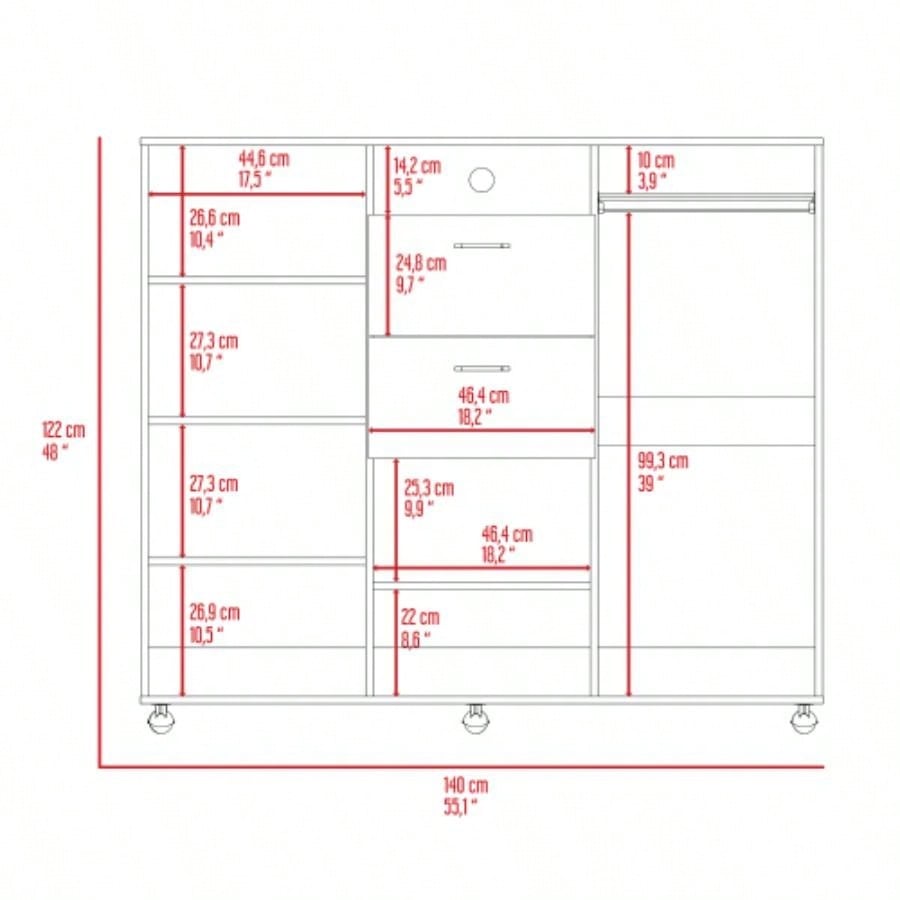 Cabinet Dresser 48H, Two Drawers, 3 Door, Four Interior Shelves, Rod, Black